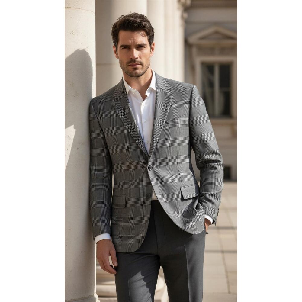 Jos. A. Bank Sport Coat Blazer Mens 44R Glen Plaid Black White Gray